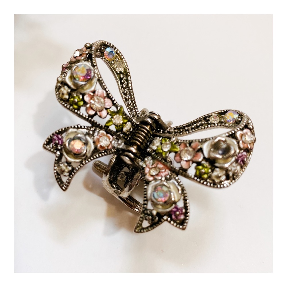 SOLD! Hand-Painted Metal & Crystal Bow Hair Clip
